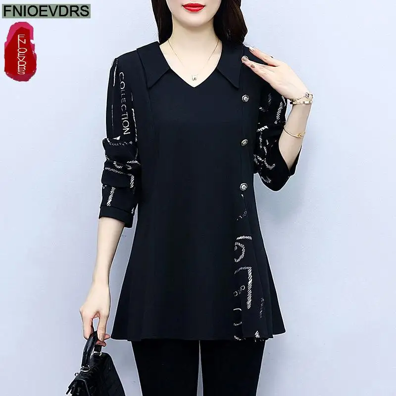 L-5XL 2023 Loose Clothes Women French Design Elegant Office Lady Basic Shirt Button Casual Retro Letter Print Peplum Top Blouse