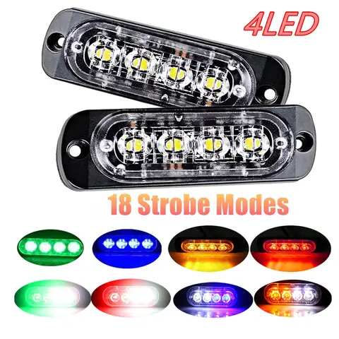 트럭 트레일러용 앰버 스트로브 사이드 경고등, 4 LED 그릴 깜박이 라이트바, 고장 비상 조명, 12-24V, 2 개