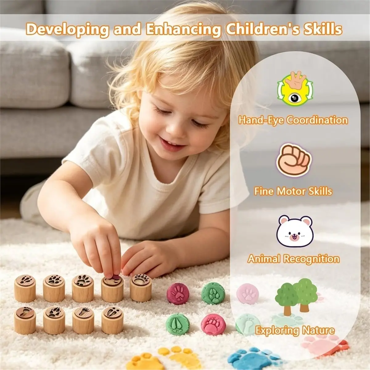 Home Tool 9 Pack Wooden Animal Track Stamps for Playdough Clay, Print Stampers, Footprint Stamping