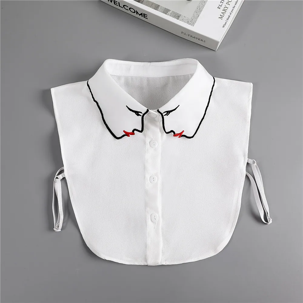 Linbaiway White False Collar Women Face Embroidery Chiffon Thin Faux Col Half Shirt Blouse Fake Collars Shirt Detachable Collars