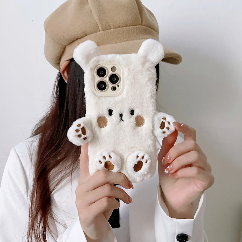 For Samsung Galaxy S10E S10 S9 S8 S7 S6 S10 Note 10 LIte 10 Plus 9 8 Cute White Bear Brown Bear Ears Phone Case Plush Back Cover