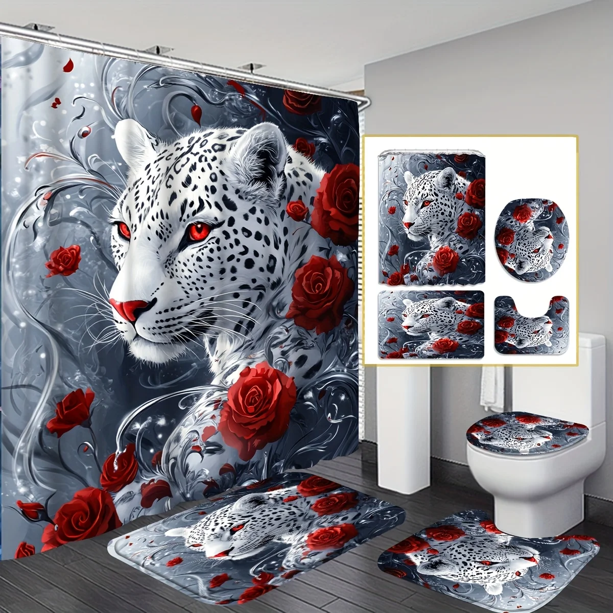 

4-piece rose leopard print bathroom set, shower curtain, polyester fabric, non-slip mat, U-shaped mat, toilet seat
