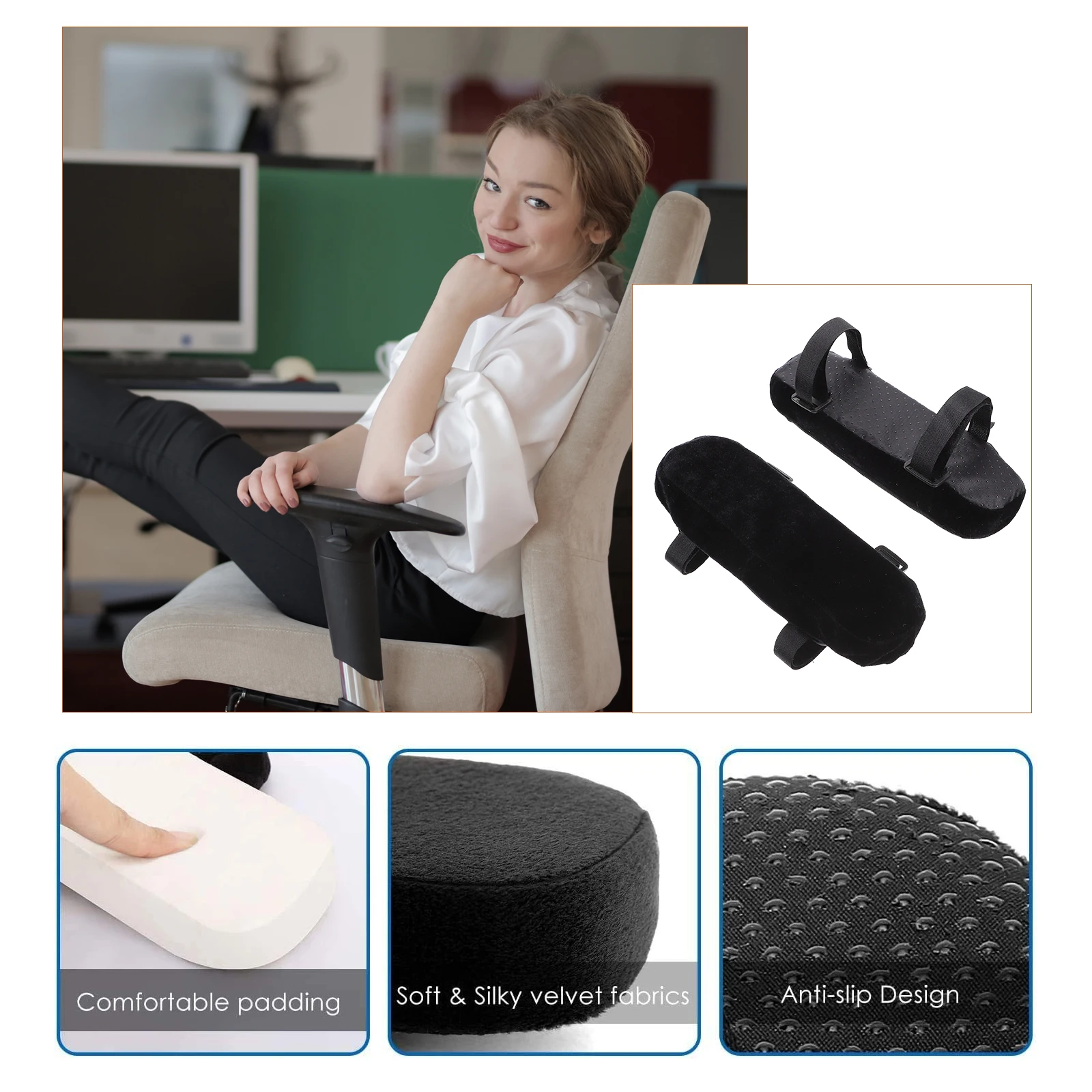 

2pcs Armrest Pad 21*8*4cm Memory Foam Office Desk Chair Elbow Support Anti Slip Cushion Protective Pillow Gaming Wheelchair