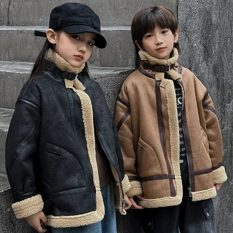 

Boys and Girls Winter Coat Zipper 2025 New Children's Wear with Velvet Thickened Jacket Top Handsome Motorcycle Suit