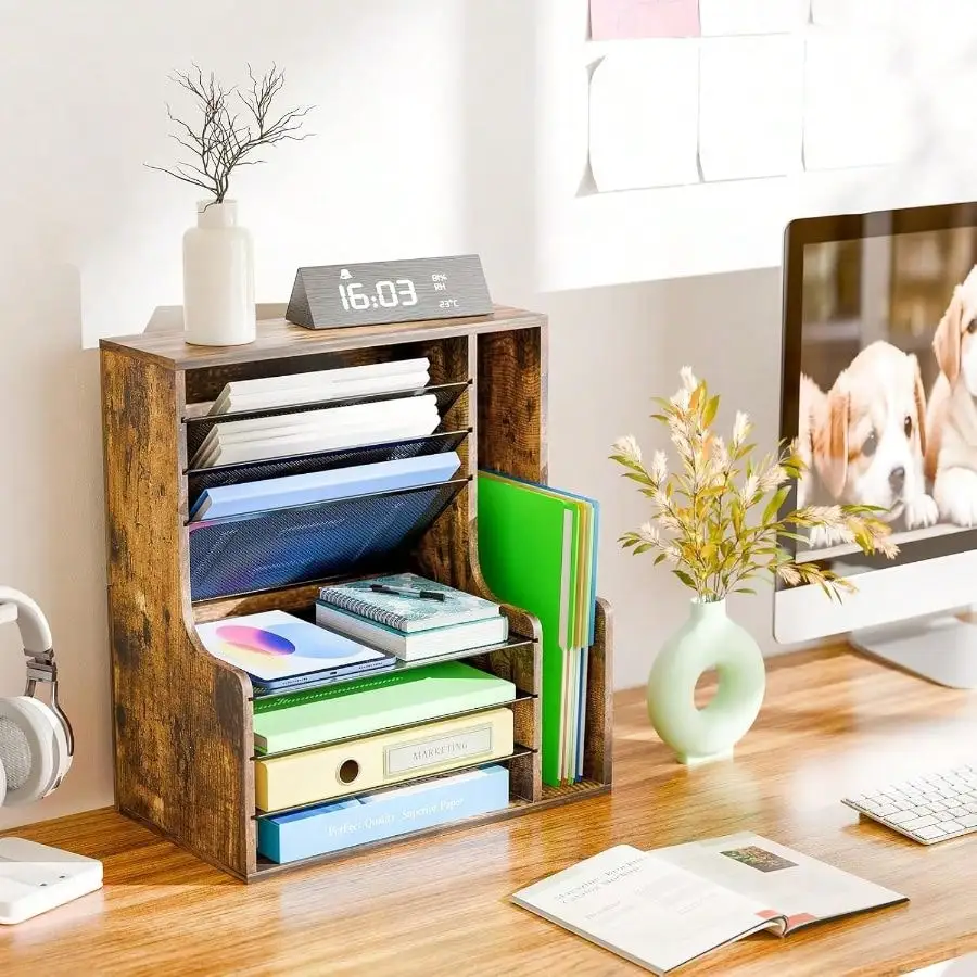 

Trending Tier Desk File Organizer, Wooden Letter Tray Paper Organizer With Adjustable File Holder, Mesh Desktop Organizer And Storage Office Supplies