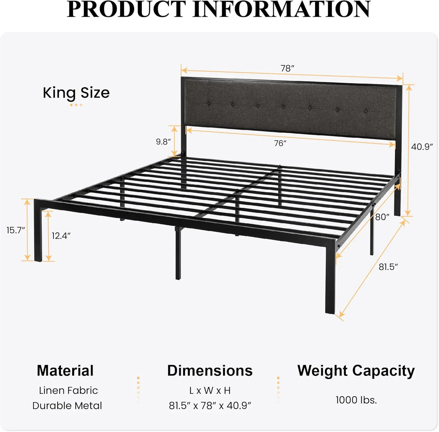 King Size Bed Frame with Upholstered Headboard, Platform Bed Frame with Metal Slats, Button Tufted Square Stitched Headboard, No