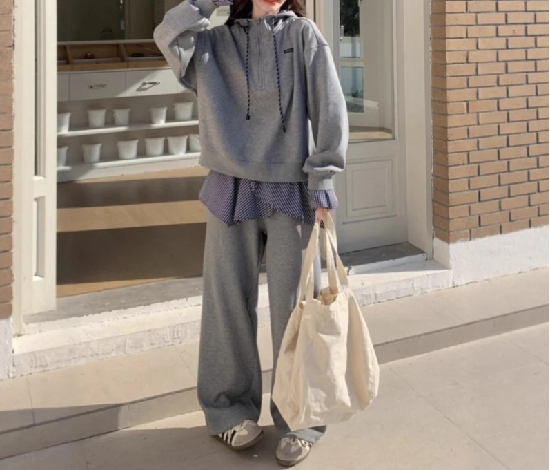 

Grey Fake Two-piece Hoodie Set Women's Hooded 2025 Spring and Autumn New Casual Pants Two-piece Set