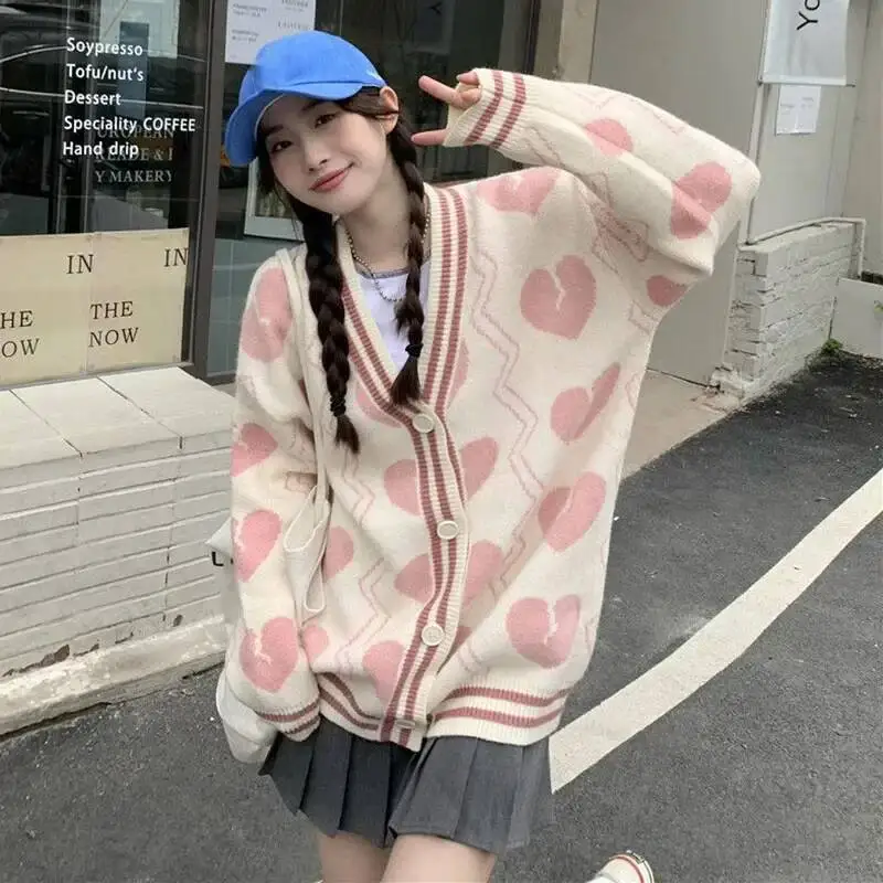 

Lucyever Autumn Winter V Neck Sweater Cardigan Women College Style Looseprinted Knitted Coat Pink Sweet Single Breasted Sweaters