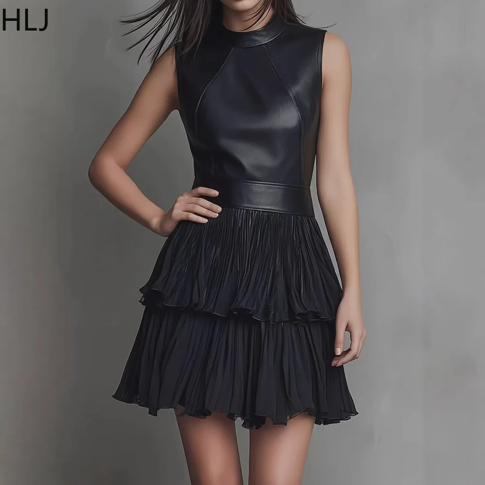 

HLJ Casual Leather Patchwork Bodycon Dresses for Woman Solid Color Sleeveless Ruched Dress Female Streetwear Vestidos 2026 New