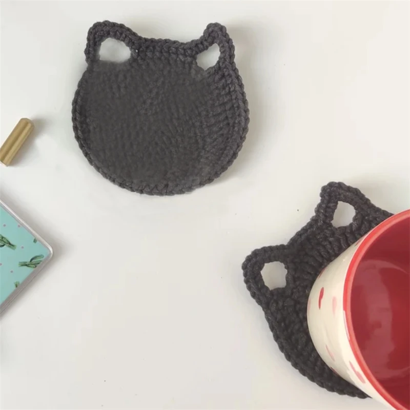 Handmade crocheted Fashion Hollow cat ear style Anti-slip insulation home Kitchen tabletop decor Cute cartoon Funny coasters