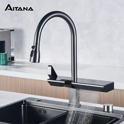 Luxury digital display brass grey kitchen faucet pull-out design waterfall water outlet single handle Cold & Hot 2 control Tap