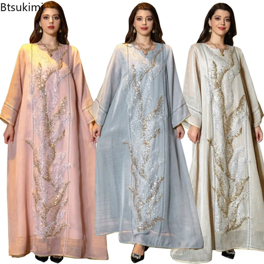 

Мусульманское макси-платье для женщин на Ид, абайя, джалабия, вечерние платья для вечеринок, роскошное платье с пайетками, марокканское абайя-кафтан, исламские платья, арабская роба