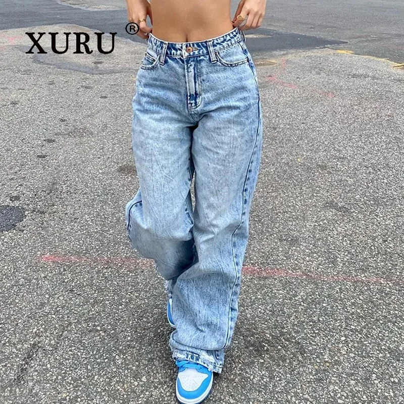 

XURU - New Women's Slim Fit Jeans, Fashionable Hot Pants in Light Blue Beige Long Jeans Pants