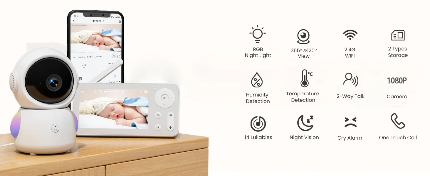 4.3Inch Screen 2MP 1080P Full Color  Intercom WIFI  Baby Monitor  Wireless PTZ Night Vision Feeding Remind BabySitter Camera