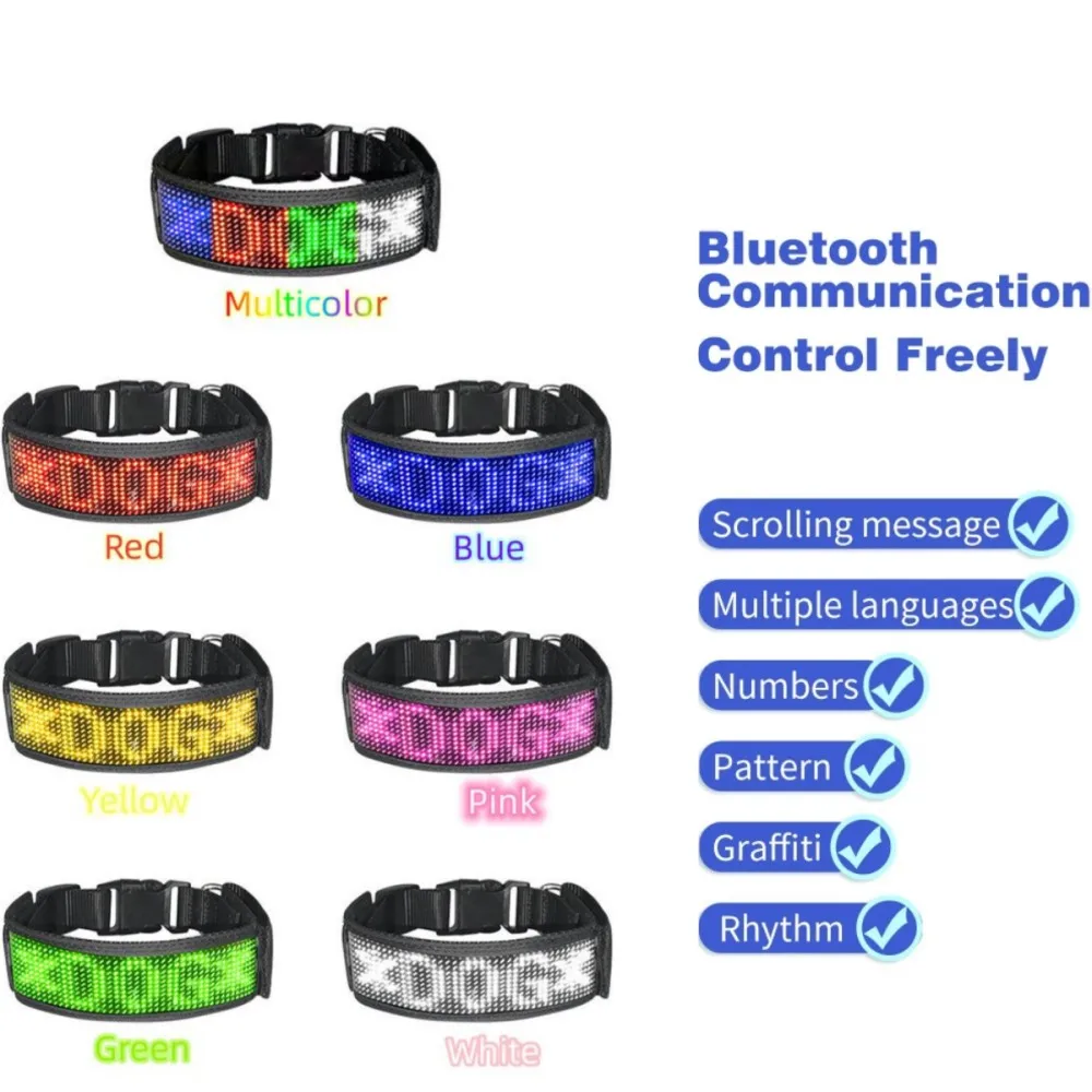 Layar LED Kerah Hewan Peliharaan Antihilang Kerah Hewan Peliharaan Tahan Air Bluetooth Ukuran Dapat Disesuaikan Lampu Malam USB Bercahaya Dapat Diisi Ulang