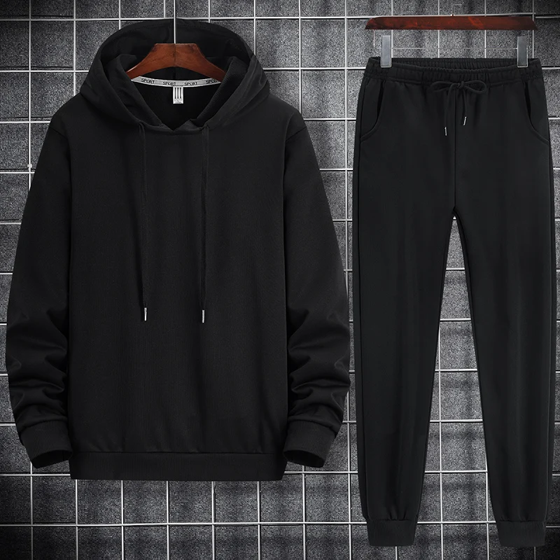Men Solid Hoodie 2 Piece Set Hooded Sweatshirt Drawstring Cuffed Jogger Pants Casual Sports Tracksuit