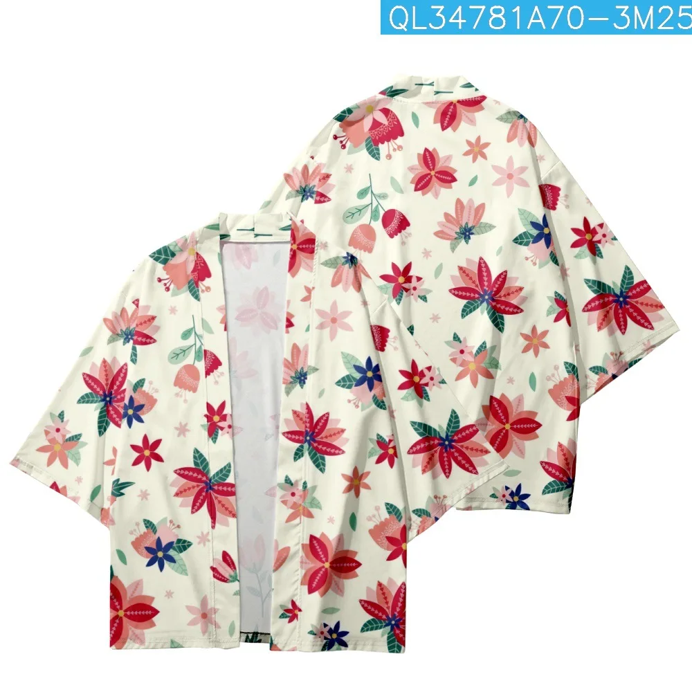 

Cartoon Flower Printed Kimono Beach Shorts Cardigan Summer Casual Loose Couple Women Men Haori Yukata Streetwear