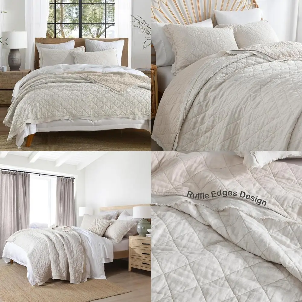 

Queen Size Beige Pre-Washed Linen Quilt Set with Cotton Back and Diamond Stitching