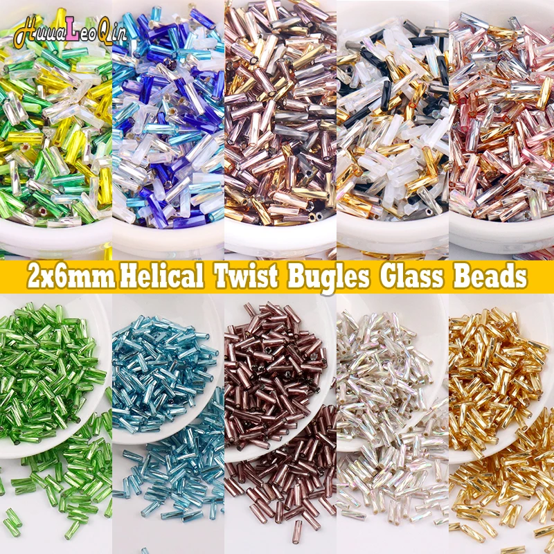 5g 2x6mm Helical Twist Bugles Glass Beads 11/0 Loose Spacer Seed Beads for Needlework Jewelry Making Dress Garments Accessory