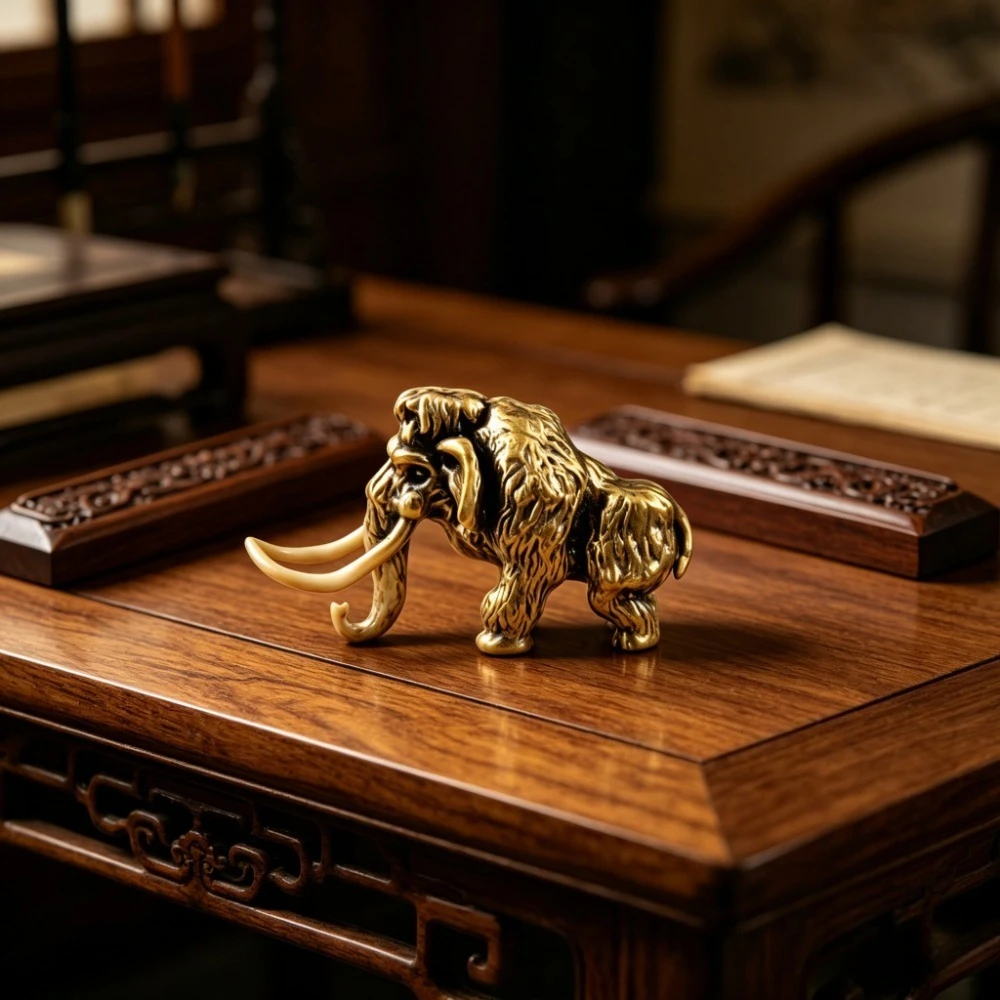 1PC Brass Mammoth Figurine Vintage Style animal ornament Small Copper Tea Pet for Desk and Home Decoration