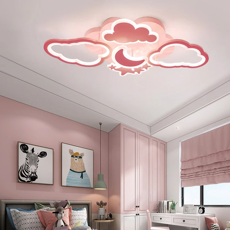 Modern Moon Star Cloud Chandelier Light White Pink Remote Control Children\'s Room LED Chandelier Lamps for Princess Baby Nursery