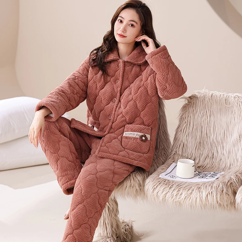 Winter Women Three Layer Clip Cotton Pijama Female Thick Turn-down Collar Solid Sleepwear