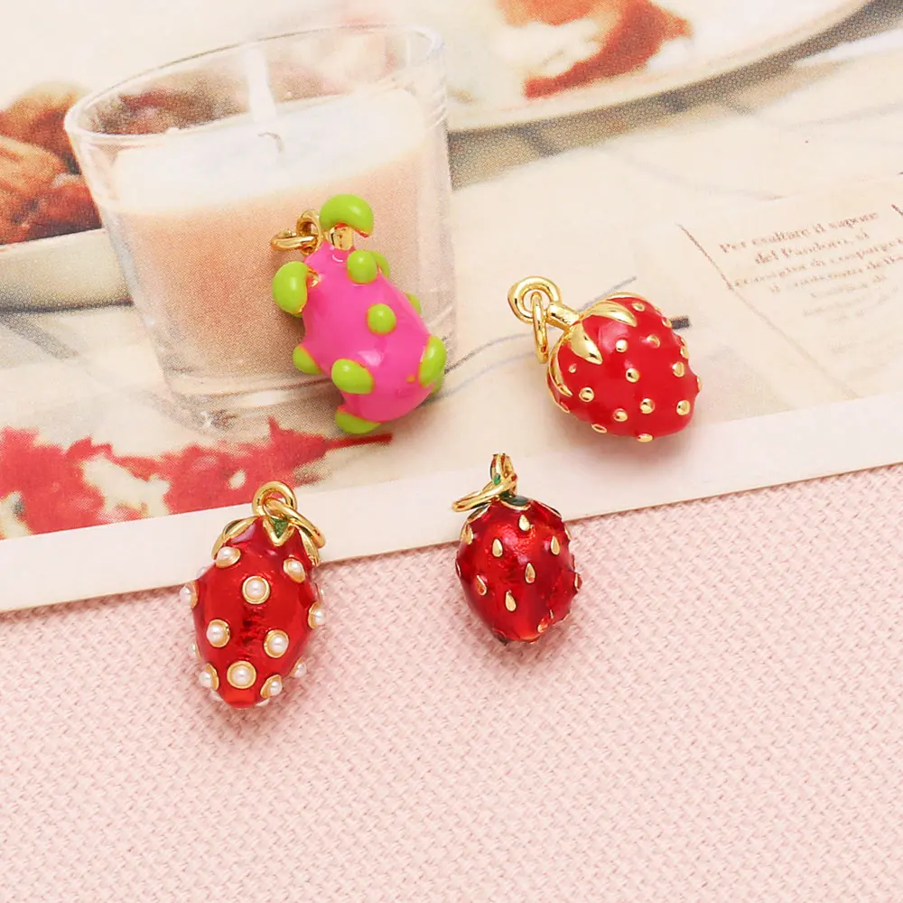 OCESRIO Trendy Red Enamel Strawberry for Bracelet Copper Gold Plated Fruit Pitaya jewelry Making Accessories chma325