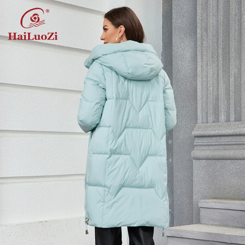 HaiLuoZi 2023 New Women Winter Jacket Mid-Long Warm Female Parkas Hooded Side Pockets Classic Solid Color Women\'s Coat 1179