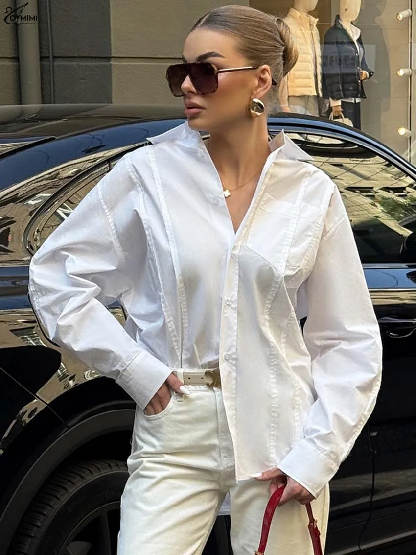 

Oymimi Elegant White Lapel Woman Blouses Casual Long Sleeve Pockets Solid Blouse Autumn Single Breasted Pleated Shirt Streetwear