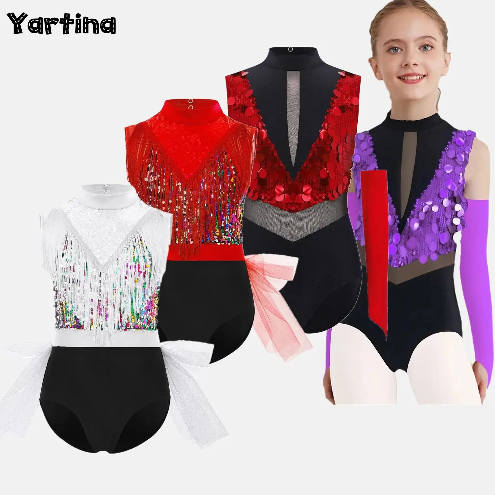 Niños Niñas gimnasia traje de actuación de baile de Jazz latino recorte borlas Leotardos Body lentejuelas brillantes línea danza cuerpo Tops