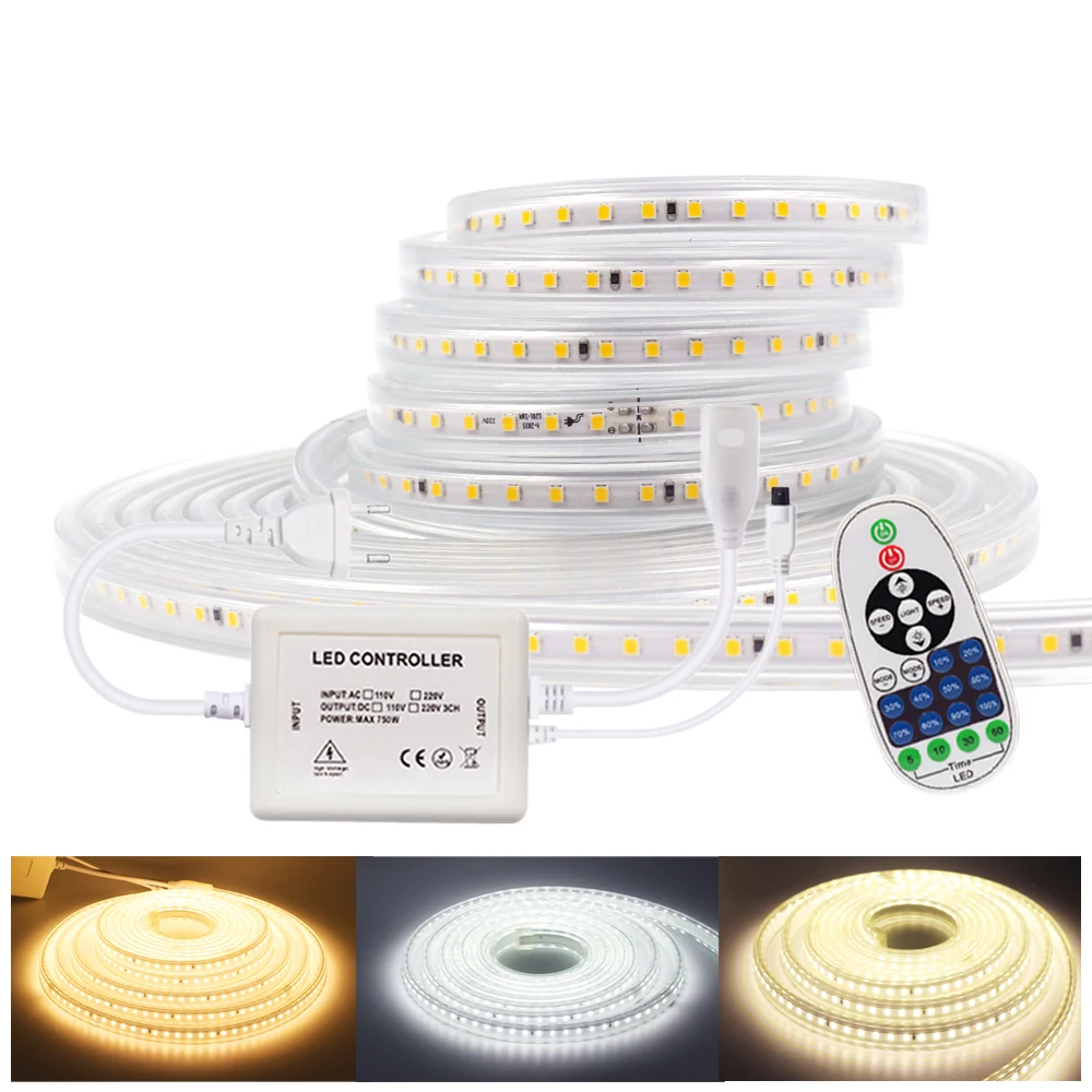 

220V 110V LED Strip Light Waterproof 2835 Rope Light Tape Dimmable Led Ribbon Flexible Strips 120LED Lighting With EU US Plug