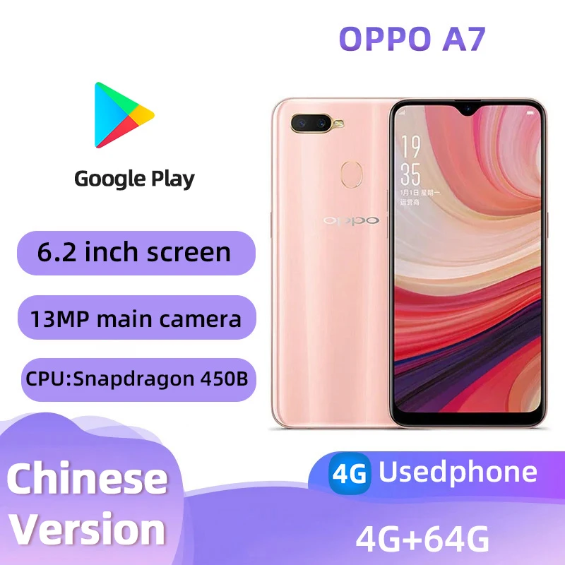 oppo A7 4G Android CPU Qualcomm Snapdragon 450B 6.2 inches SmartPhone Screen ROM 64GB 4230mAh Charge 13MP Camera used phone