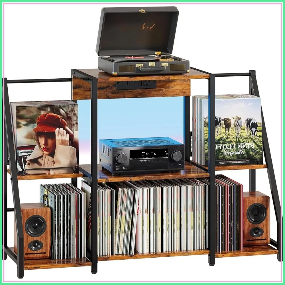 

Record Player Stand with Power Outlets & LED Light, Holds 300 Albums, Vintage Turntable Table for Living Room