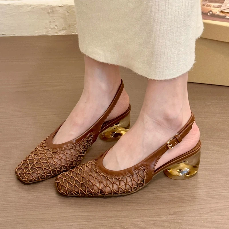 

Mesh Mid Heels Sandals Elegant Square Toe Women Shoes 2025 New Summer Elegant Pumps Designer Slippers Prom Cozy Trend Zapatillas