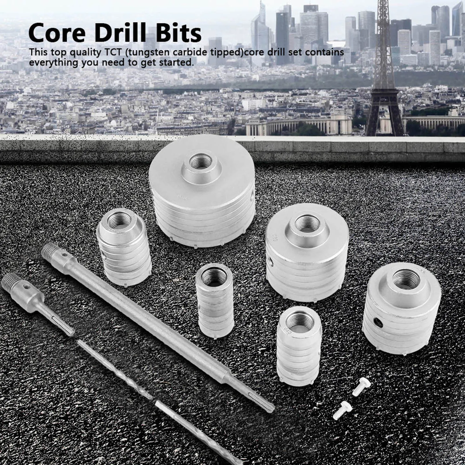 

10Pcs TCT Core Drill Set Plus Extension Shank Tungsten Masonry Hole Cutters