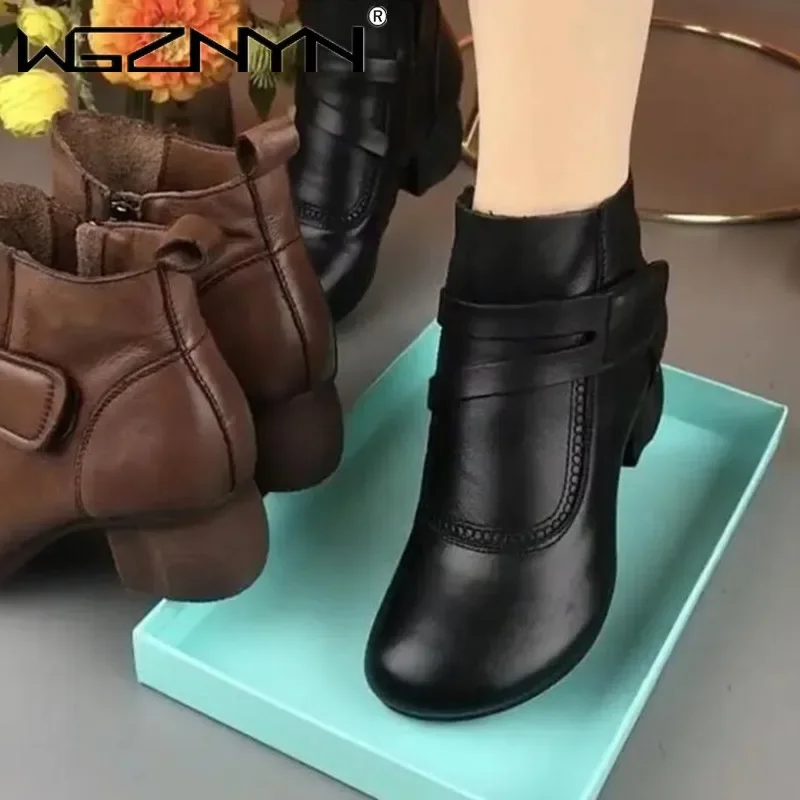 Neue Mode Riemchens tiefel Frau Winter 2024 Schuhe für Frauen Herbst Leder Stiefeletten Hakens ch laufe Stiefeletten Damen grün Retro Schuh