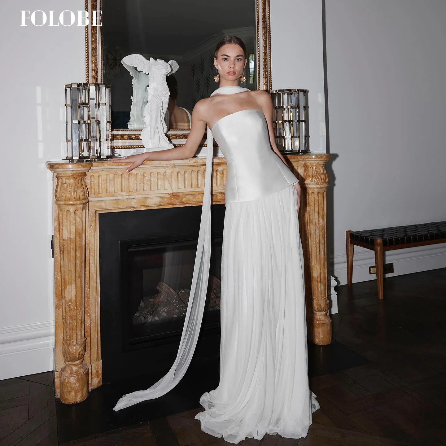 

FOLOBE White Elegant Strapless A-Line Dubai Evening Dress with Scarf Tulle Wedding Dresses Prom Gown Customized