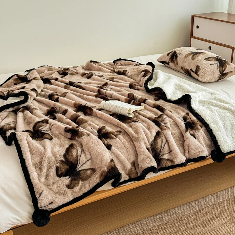 New Fall Winter French Retro Print Multifunctional Throw Blanket Thick Warm Imitation Rabbit Nap Blankets Soft Cozy Sofa Blanket