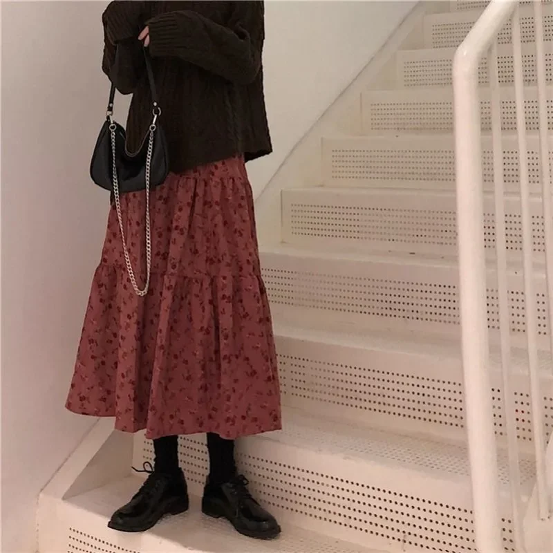 

Female High Waist Pleated Skirt Women Winter Corduroy Flower Print Long Skirts A-line Maxi Skirt Cute Girls Vintage Streetwears