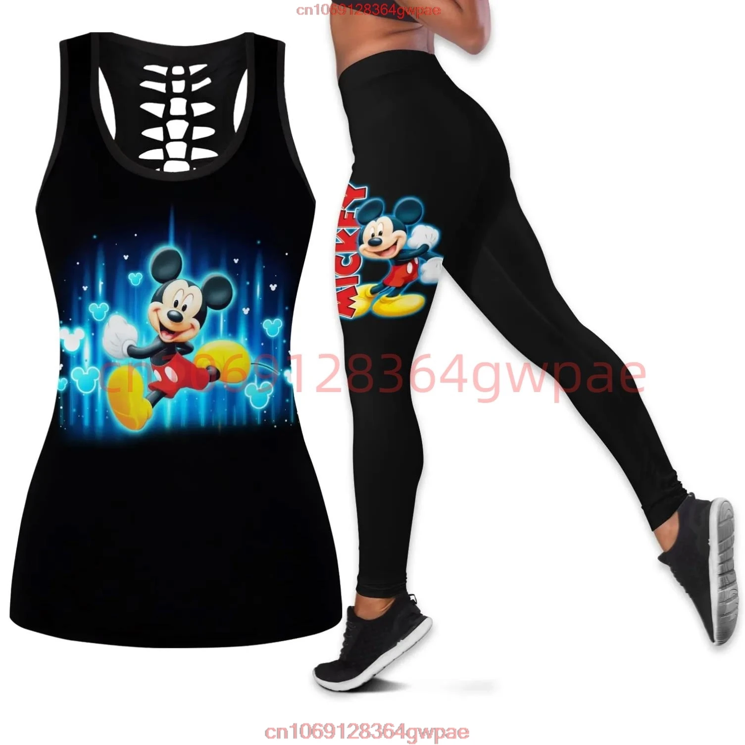 Disney-Conjunto de camisola de alças e leggings feminino, mickey mouse, fato de treino fitness, ioga, oco, verão