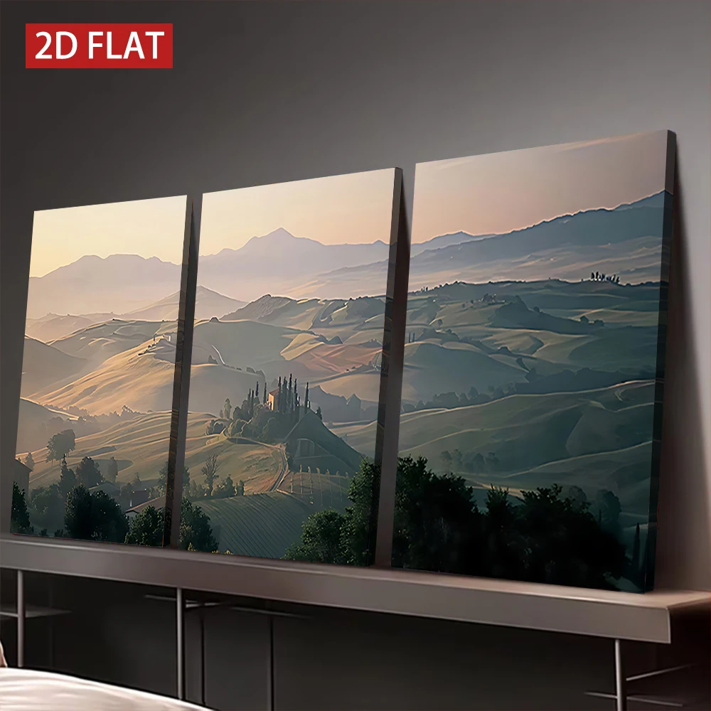 

3 Counts Wooden Framed Canvas Painting, Tuscany Rural Dawn Landscape Art Print, Modern Wall Decor for Living Room Office Bedroom