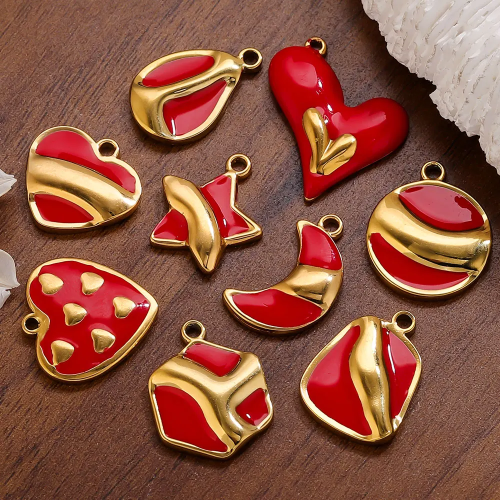 

5Pcs Stainless Steel Charms Gold Red Enamel Heart Moon Pendant Accessories for DIY Jewelry Making Earring Necklace Wholesale