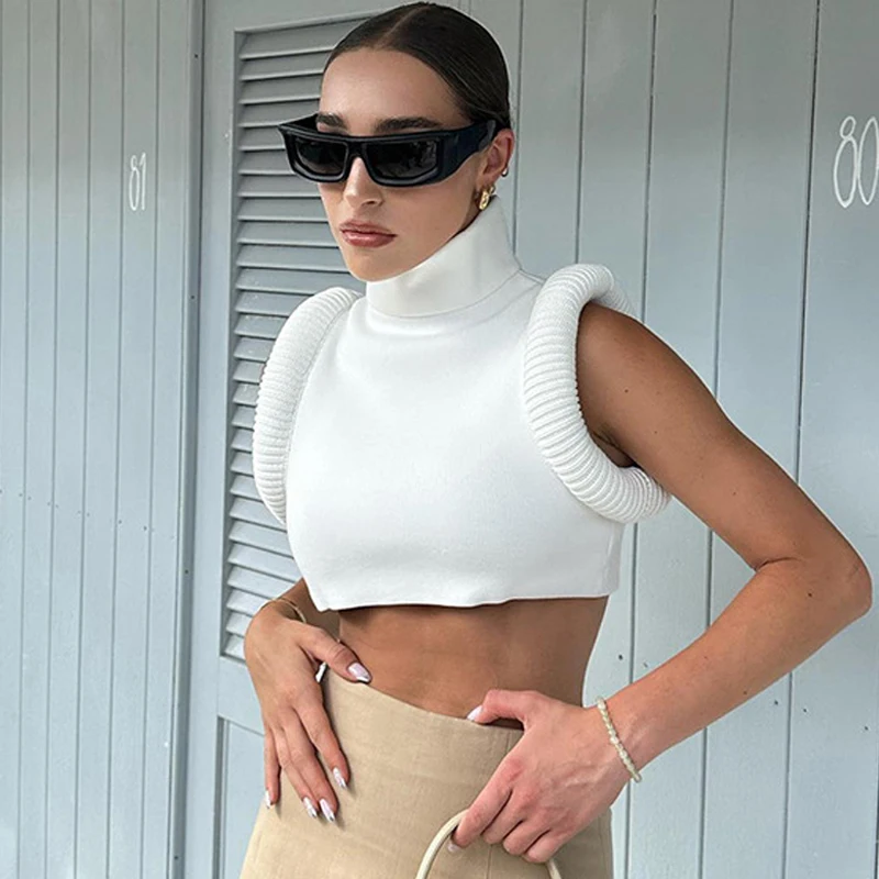 Chic Women Turtleneck Bustier Crop Shirts Tops Slim Fitting Circular Cotton Loop Cuffs Sleeve Tank Vest Slim Tops Summer 2023