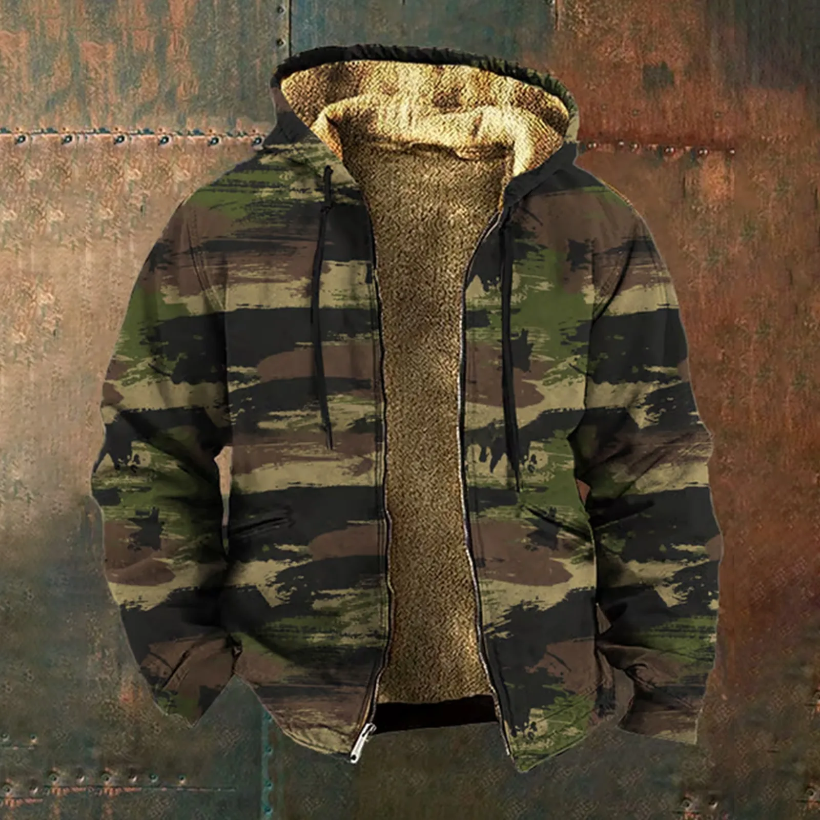 Camouflage Hoodies Men'S Zipper Casual Winter Clothing Long Sleeve Sweatshirts Soft Baggy Cotton Lined Hooded Jacket Outerwear