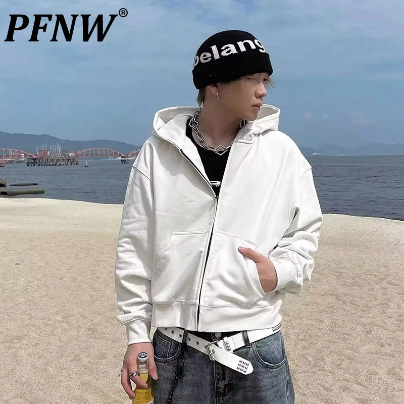 PFNW White Solid Color Basic Hooded Short Loose Sweatshirt Men's Cardigan Cleanfit Casual Loose Fit Zipper Jacket Tops 12C1602