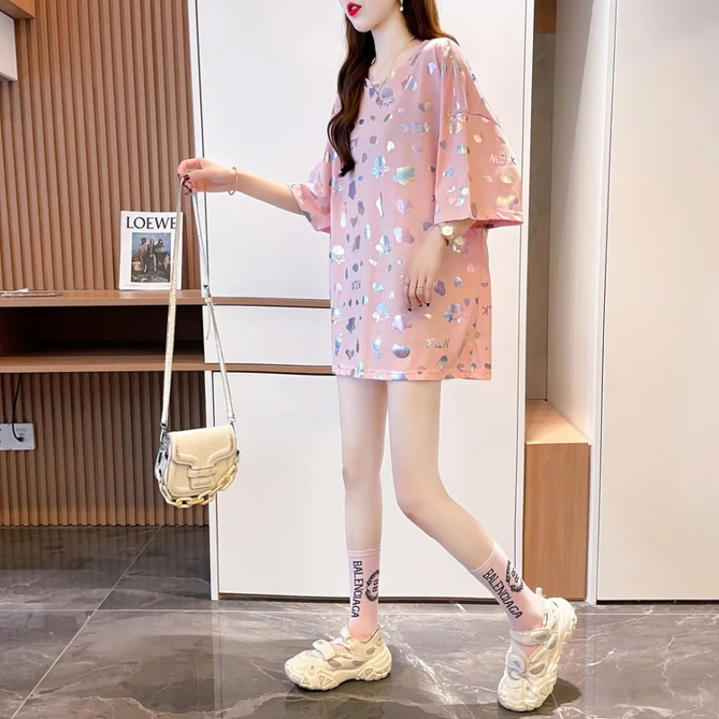 Women's Summer Gold Stamping Reflective Short Sleeve T-shirt Fashion Casual Loose Versatile Round Neck Tops Mid Length T-shirt