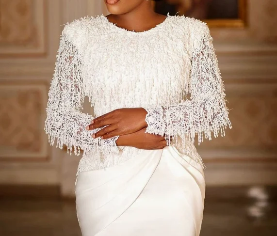 

Women Dress 2026 Spring Autumn New Solid Color Lace Tassel Design Round Neck Long Sleeve Waist Cinched Temperament Long Dress