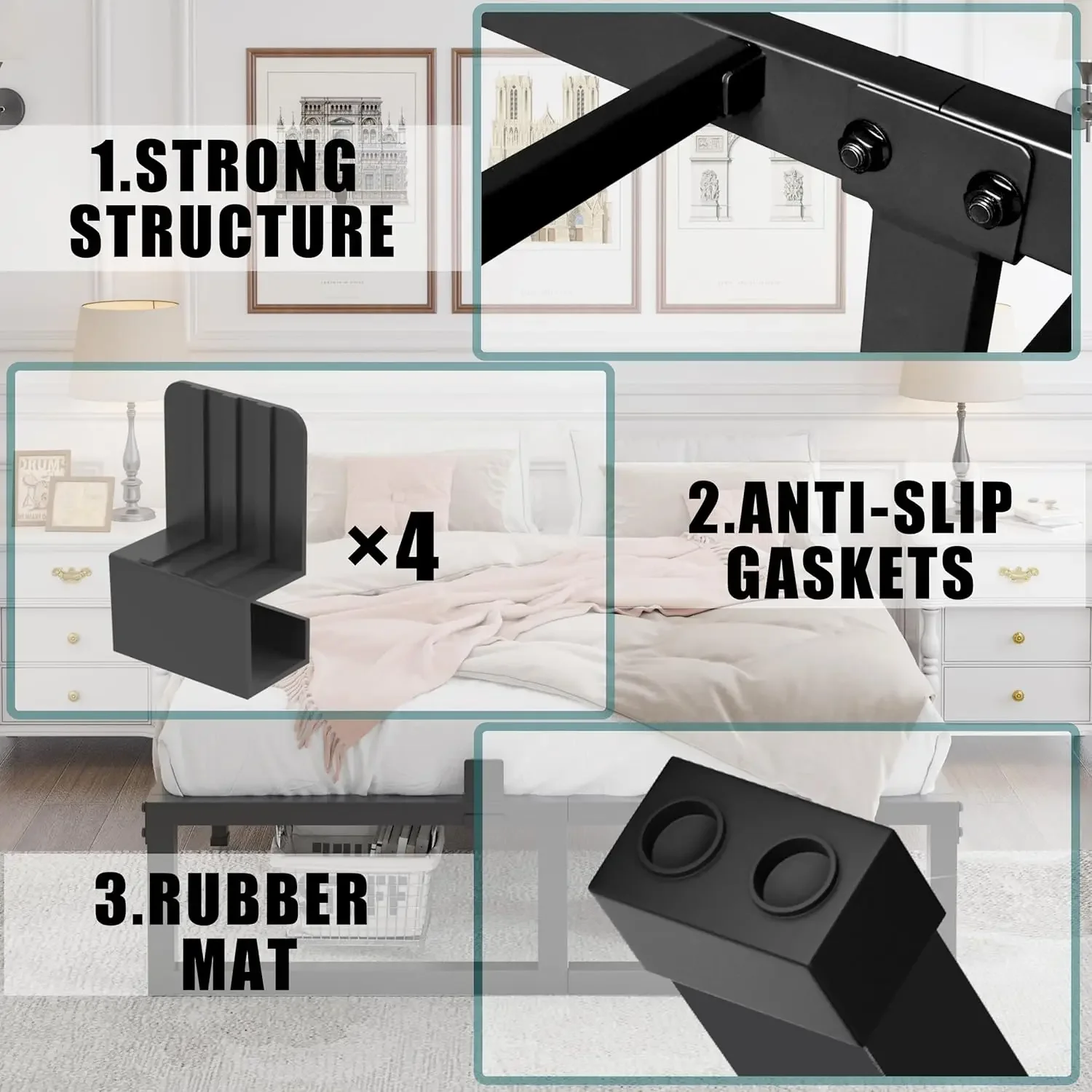 Estrutura de cama queen de 14 polegadas, plataforma de metal resistente de 3500 libras, suporte de ripas de aço/sem necessidade de mola de caixa/sem ruído/antiderrapante/fácil como