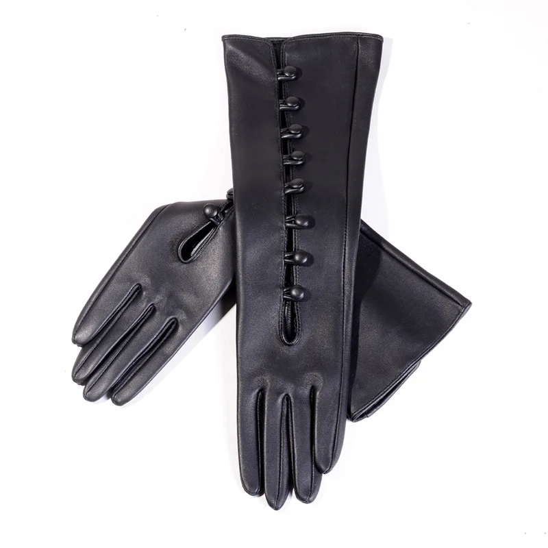 New 40cm Women's Ladies Real Leather Unlined Black Buttons Causal Party Evening Opera/Long Gloves