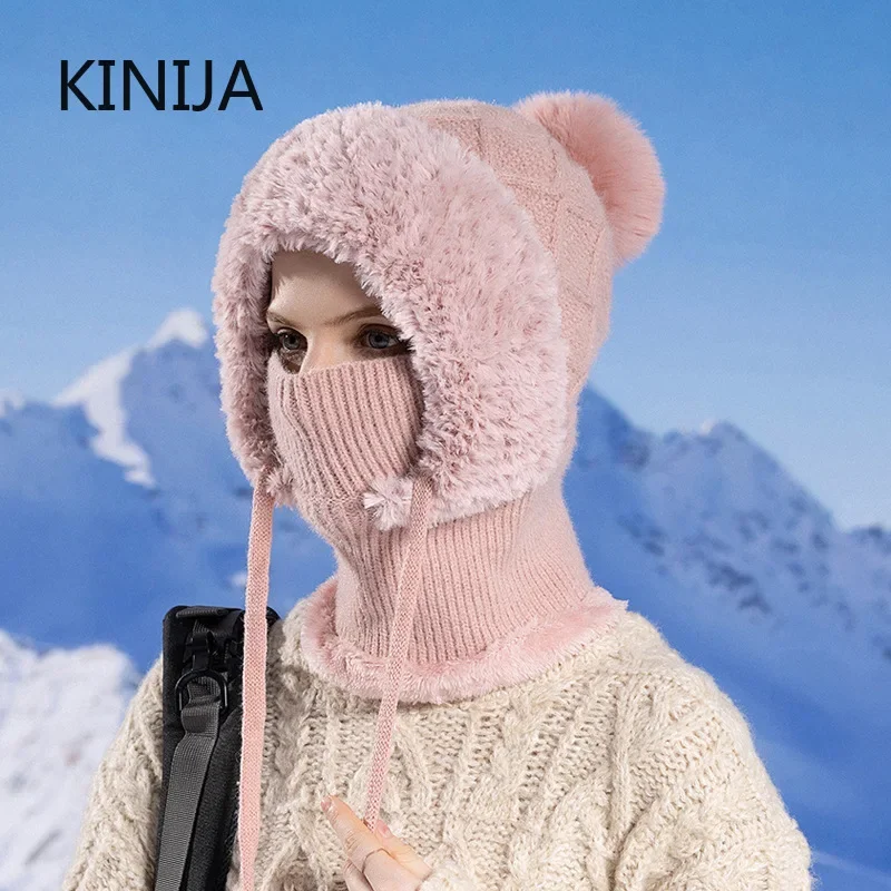 Women Winter Velvet Knitted Hat Ear Protection Fluffy Hat Mask Neck Integrated Warmth Cover Hat Hooded Cap Gorras Para Mujer